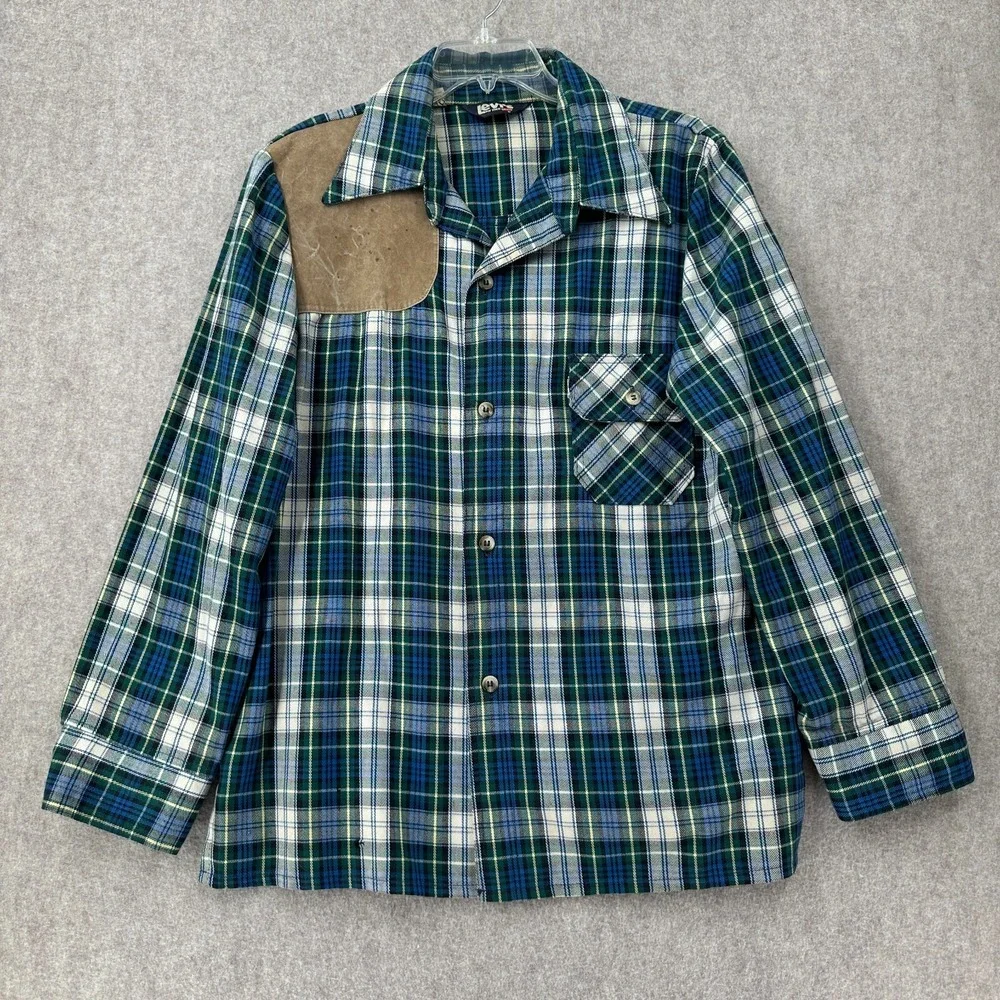 RARE VTG Levi's 70s Denim Plaid Leather Patch Western L/S Shirt Sz XL USA